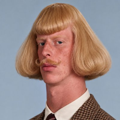 Jean Phil in his brown houndstooth suit, blond bob and curled moustache